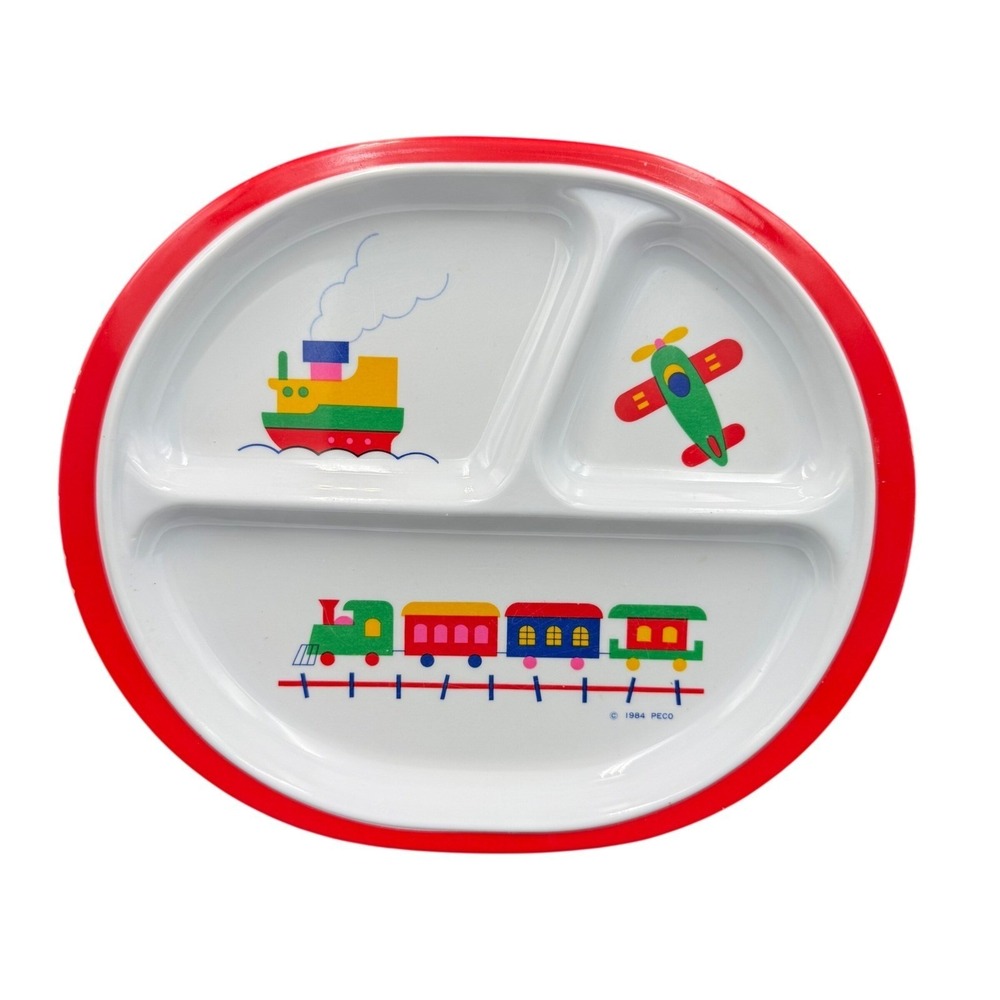 Vintage 1984 PECO Melamine Kids Divided Plate Train Plane Boat Red White 01674